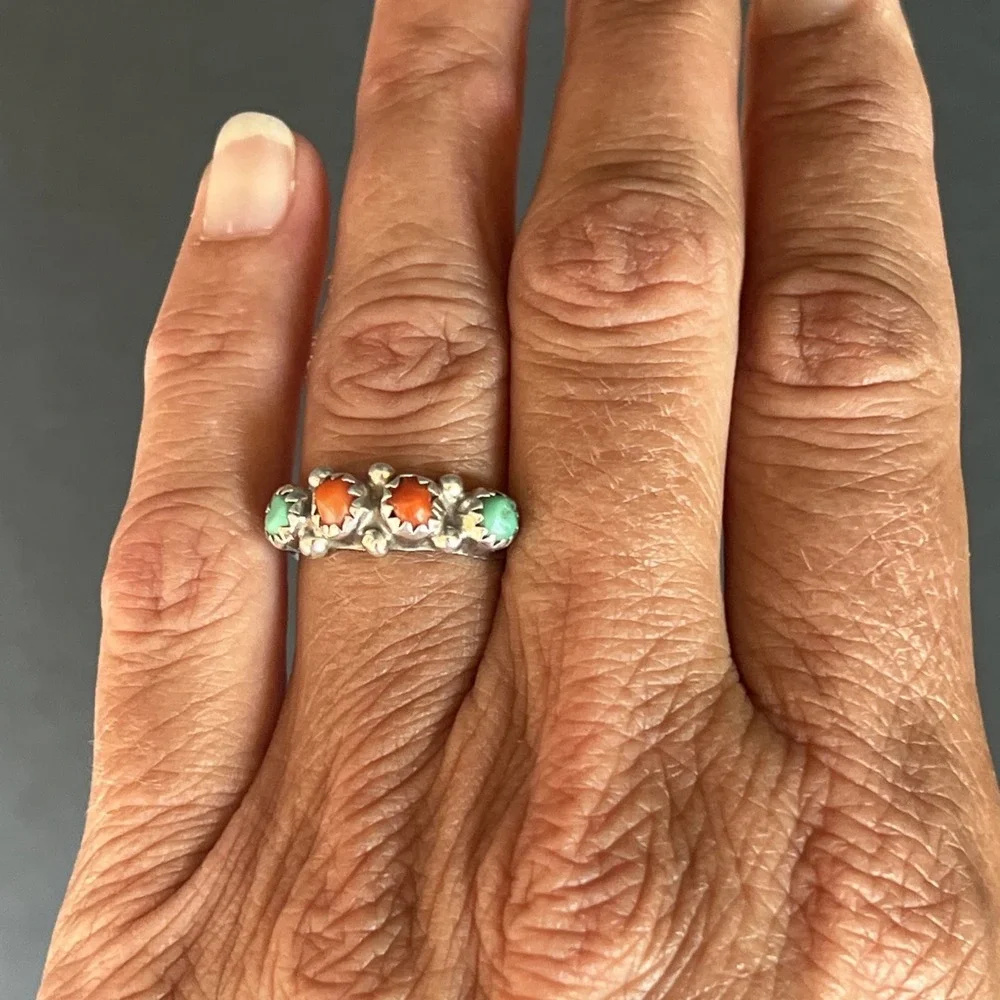 VTG Native American Sterling Silver Turquoise Coral Band Ring Sz 6.25 Handmade